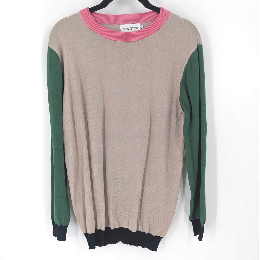 OXKNITSTORE Sweater Womens XL Beige Green‎ Colorblock Knit Long Sleeve Cotton